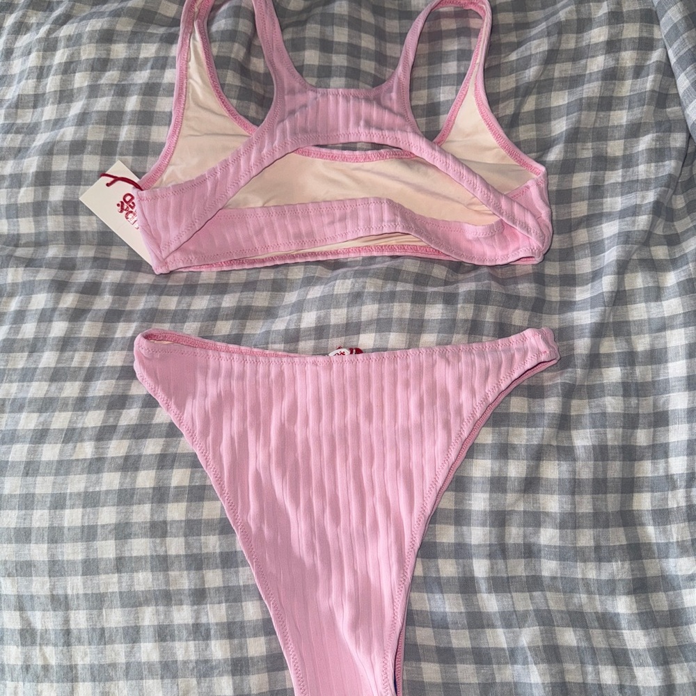 Pink Ribbed Bikini Set Solid & Striped - Picture 2 of 2